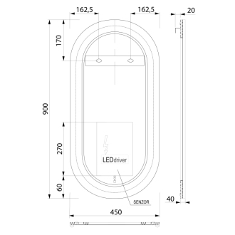 KEIRA oválne zrkadlo s LED osvetlením 45x90cm, senzor, fólia anti-fog, čierna mat KE045