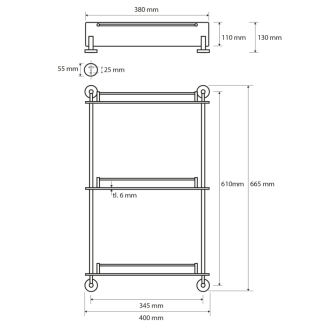 X-ROUND E sklenená polička trojitá s hrazdou 380x675x130mm, chróm (104202132) XR608
