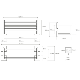 X-SQUARE polička na uteráky dvojitá s hrazdou 650x155x255mm, chróm (132205102) XQ412