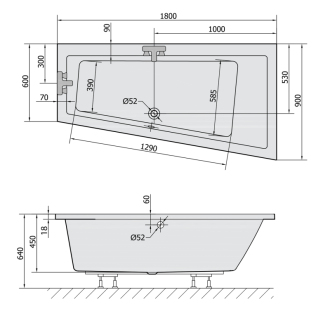 ANDRA R SLIM asymetrická vaňa 180x90x45cm, biela 78771S