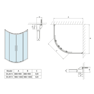 LUCIS LINE štvrťkruhová sprchová zástena, 900x900mm, R550, číre sklo DL2615