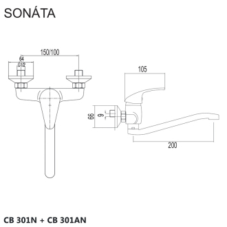Mereo Sonáta drezová batéria nástenná 150 mm s ramienkom plochým vyhnutým 210 mm M-CB301N