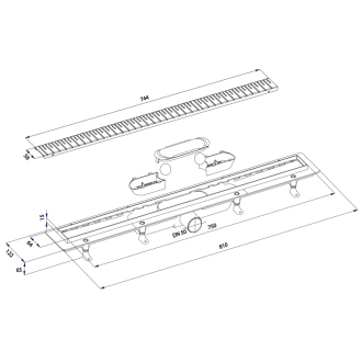 KLAVER sprchový kanálik s nerezovým roštom, superflow, DN50, 810x122x65 mm 73731