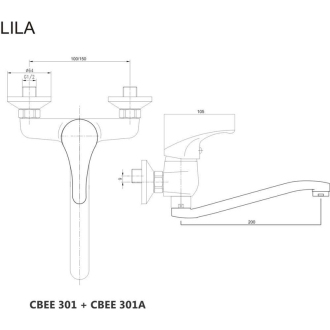 Mereo Lila drezová batéria nástenná 150 mm s ramienkom plochým vyhnutým 210 mm M-CBEE301