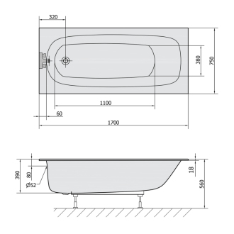 EBRO SLIM obdĺžniková vaňa 170x75x39cm, biela 26711S