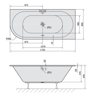 VIVA R SLIM asymetrická vaňa 175x80x47cm, biela 78119S