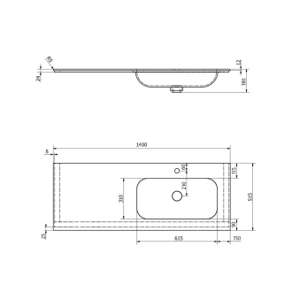 ARUBA umývadlo vpravo, 140x51,5 cm, Rockstone biela mat AR140-B1R