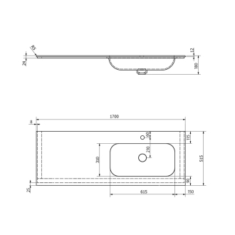 ARUBA umývadlo vpravo, 170x51,5 cm, Rockstone biela mat AR170-B1R