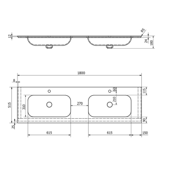 ARUBA dvojumývadlo uprostred, 180x51,5 cm, Rockstone biela mat AR180-B2M
