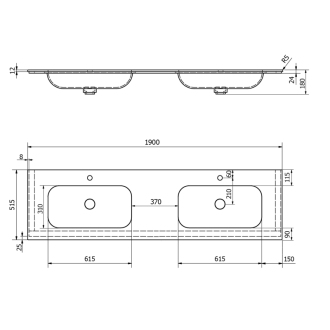 ARUBA dvojumývadlo uprostred, 190x51,5 cm, Rockstone biela mat AR190-B2M