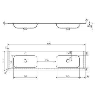 ARUBA dvojumývadlo uprostred, 210x51,5 cm, Rockstone biela mat AR210-B2M