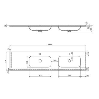 ARUBA dvojumývadlo vpravo, 240x51,5 cm, Rockstone biela mat AR240-B2R