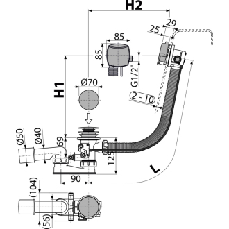 ALCA A566-273133-57 Sifón vaňový s napúšťaním prepadom pre hydromasážne vane, kov