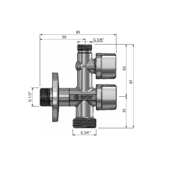 ARCO kombinovaný práčkový ventil s odbočkou 1/2&quot;x3/4&quot;x3/8&quot;, anticalc, chróm COMB5MAC