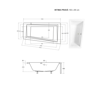 BESCO vaňa INTIMA 150 (1500x850 mm), pravé prevedenie, bez nožičiek VANINTI15P