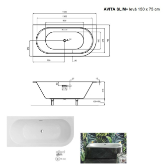 BESCO vaňa AVITA SLIM PLUS 150 (1500x750 mm), ľavé prevedenie, bez nožičiek VANAVIT15SLIMLP