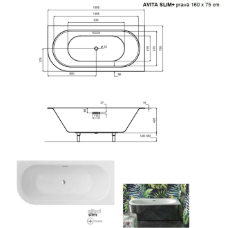 BESCO vaňa AVITA SLIM PLUS 160 1600x750 mm, pravé prevedenie, bez nožičiek VANAVIT16SLIMPP