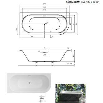 BESCO vaňa AVITA SLIM PLUS 180 (1800x800 mm), ľavé prevedenie, bez nožičiek VANAVIT18SLIMLP