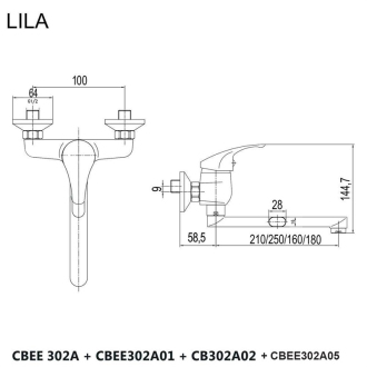 Mereo Lila drezová batéria nástenná 100 mm s ramienkom plochým rovným 160 mm M-CBEE302A02