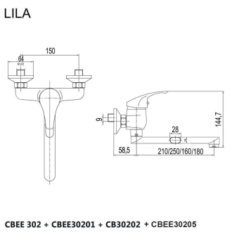 Mereo Lila drezová batéria nástenná 150 mm s ramienkom plochým rovným 210 mm M-CBEE302