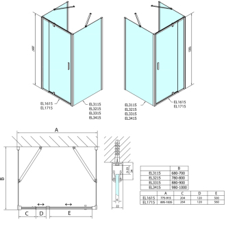 EASY LINE sprchovací kút 800-900x900mm, pivot dvere, L/P, číre sklo EL1615EL3315EL3315