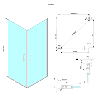 LORO sprchové dvere jednodielne pre rohový vsup 900mm, číre sklo GN4990