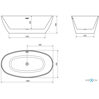 Mexen ERIS vaňa voľne stojaca 180x95x58 cm, biela, čierny prepad 53441809500-B