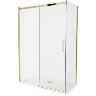 Mexen Omega výsuvná sprchová kabína 100 x 100 cm, priehľadná, zlatá + plochá sprchová vanička - 825-100-100-50-00-4010