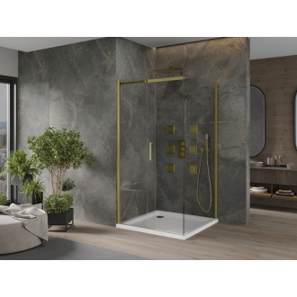 Mexen Omega výsuvná sprchová kabína 100 x 100 cm, priehľadná, zlatá + plochá sprchová vanička - 825-100-100-50-00-4010