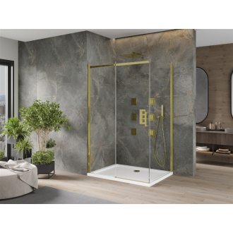 Mexen Omega výsuvná sprchová kabína 100 x 100 cm, priehľadná, zlatá + plochá sprchová vanička - 825-100-100-50-00-4010
