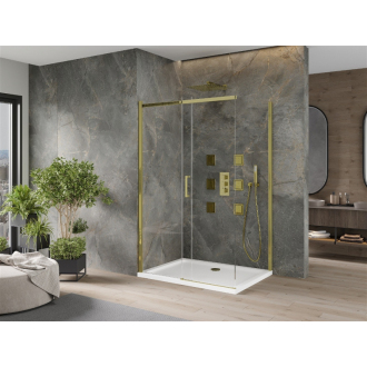 Mexen Omega výsuvná sprchová kabína 100 x 100 cm, priehľadná, zlatá + plochá sprchová vanička - 825-100-100-50-00-4010