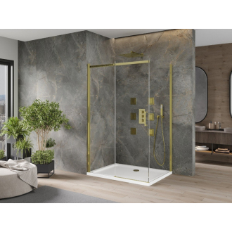 Mexen Omega výsuvná sprchová kabína 130 x 80 cm, priehľadná, zlatá + plochá sprchová vanička - 825-130-080-50-00-4010