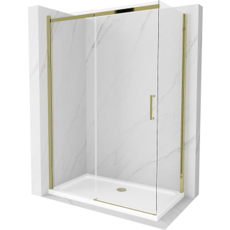 Mexen Omega výsuvná sprchová kabína 140 x 70 cm, priehľadná, zlatá + plochá sprchová vanička - 825-140-070-50-00-4010