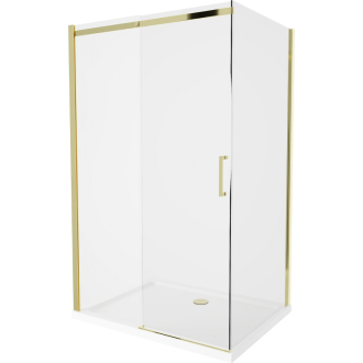 Mexen Omega výsuvná sprchová kabína 140 x 70 cm, priehľadná, zlatá + plochá sprchová vanička - 825-140-070-50-00-4010