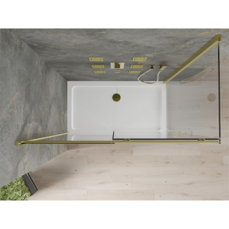 Mexen Omega výsuvná sprchová kabína 140 x 70 cm, priehľadná, zlatá + plochá sprchová vanička - 825-140-070-50-00-4010