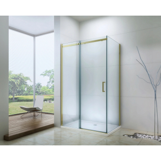 Mexen Omega výsuvná sprchová kabína 140 x 70 cm, priehľadná, zlatá + plochá sprchová vanička - 825-140-070-50-00-4010