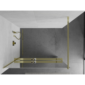 Sprchová stena Mexen Kyoto+ s policou a koľajnicou 90 x 200 cm, 8 mm zrkadlo, zlatá - 800-090-121-50-50