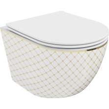 Záchodová misa Mexen Lena Rimless so štíhlym soft-close sedátkom, Duroplast, bielo/zlatý kockovaný vzor - 30224009