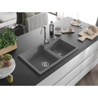 Mexen Tomas 2miskový granitový drez 800 x 500 mm, sivý, chrómový sifón - 6516802000-71