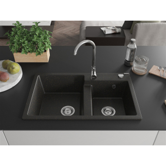 Mexen Tomas 2miskový granitový drez 800 x 500 mm, čierna / zlatá metalíza, chrómový sifón - 6516802000-75