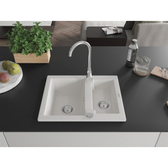 Mexen Carlos 1,5-miskový granitový drez 582 x 475 mm, biely, chrómový sifón - 6518581500-20