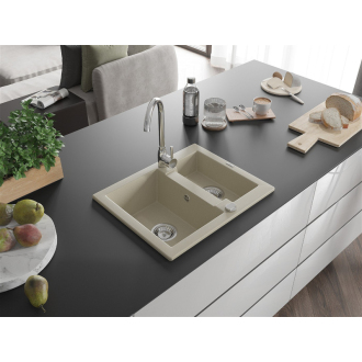 Mexen Carlos 1,5 miskový granitový drez 582 x 475 mm, béžový, chrómový sifón 6518581500-69