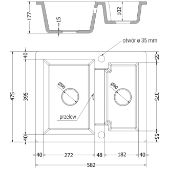 Mexen Carlos 1,5 miskový granitový drez 582 x 475 mm, béžový, chrómový sifón 6518581500-69