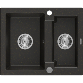 Mexen Carlos 1,5-miskový granitový drez 582 x 475 mm, čierna/zlatá metalíza, chrómový sifón - 6518581500-75