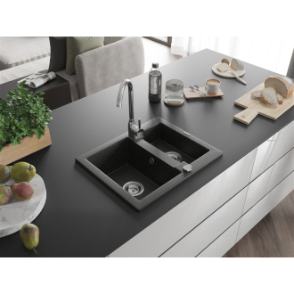 Mexen Carlos 1,5-miskový granitový drez 582 x 475 mm, čierna/zlatá metalíza, chrómový sifón - 6518581500-75