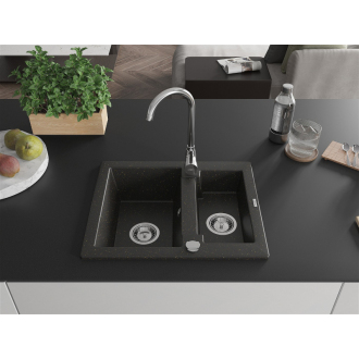 Mexen Carlos 1,5-miskový granitový drez 582 x 475 mm, čierna/zlatá metalíza, chrómový sifón - 6518581500-75