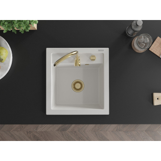 Mexen Vito 1miskový granitový drez 520 x 490 mm, biely, zlatý sifón - 6503521000-20-G