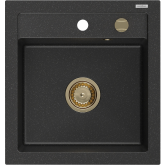 Mexen Vito 1miskový granitový drez 520 x 490 mm, čierna / strieborná metalíza, zlatý sifón - 6503521000-73-G