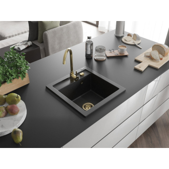 Mexen Vito 1miskový granitový drez 520 x 490 mm, čierna / strieborná metalíza, zlatý sifón - 6503521000-73-G