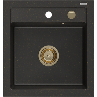 Mexen Vito 1miskový granitový drez 520 x 490 mm, čierna / zlatá metalíza, zlatý sifón - 6503521000-75-G
